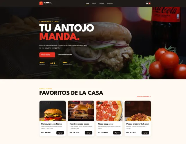 Página de restaurante Fuego Burger & Pizzas desarrollada por PixenWeb