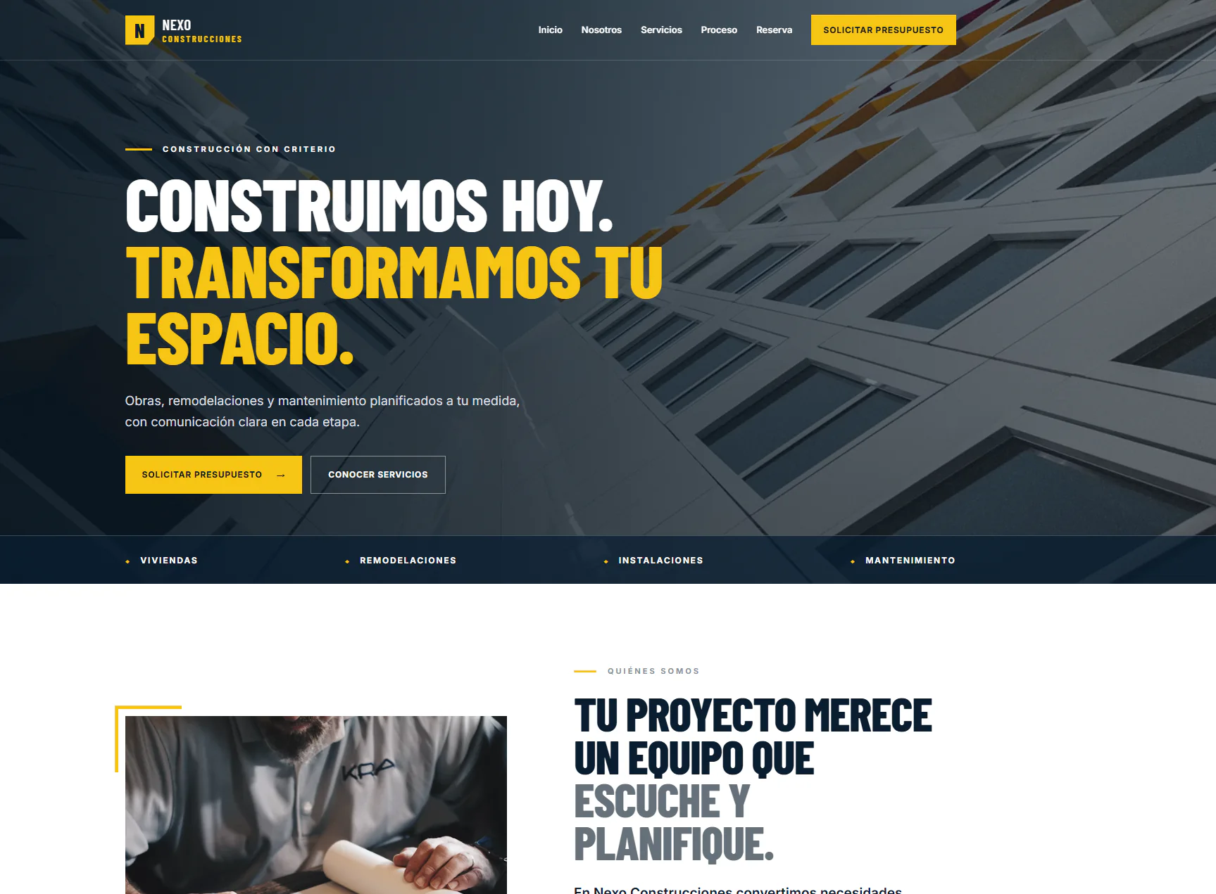 Captura del proyecto real Nexo Construcciones desarrollado por PixenWeb