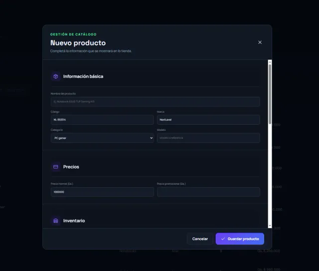 Formulario administrativo para crear productos en NextLevel Tech